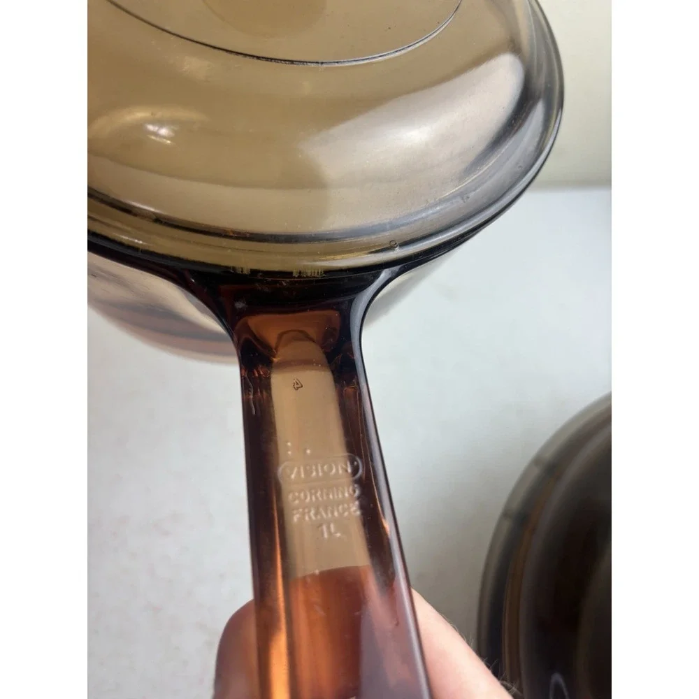 Vintage Corning Vision Ware 1L Amber Glass Pot Sauce Pan With Lid Made In USA